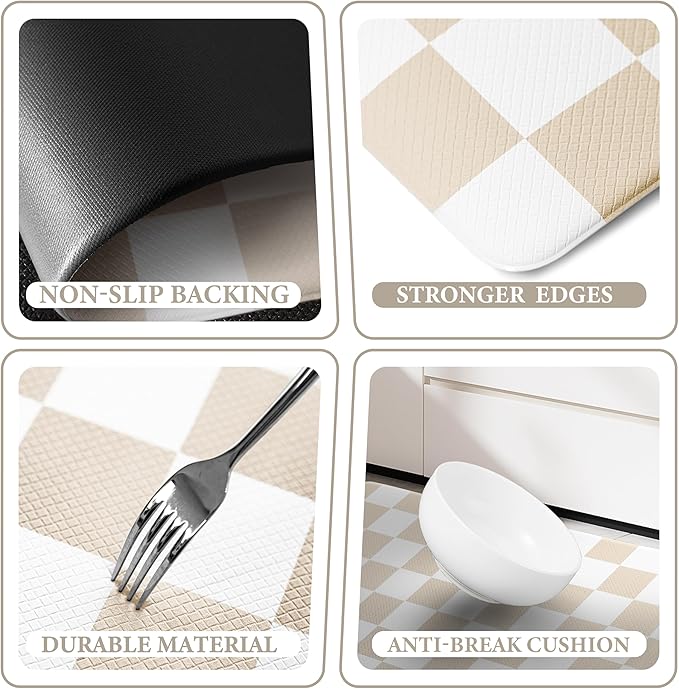 Cream Checkered Grid Checkerboard Kitchen Rug Sets [2 PCs], Anti-Fatigue, Waterproof Non-Slip Kitchen Mats Heavy Duty Ergonomic Comfort Foam Rug for Floor, Home, Laundry,17"x29"+17"x47"