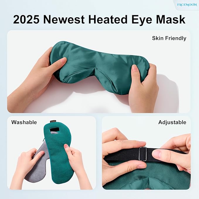 FACEMOON Heated Eye Mask for Dry Eyes: Electric Warm Compress for Blepharitis Stye Tired Eyes - Cordless Heat Relief Heating - Stable Temp 1500 Mah Rechargeable Washable Green