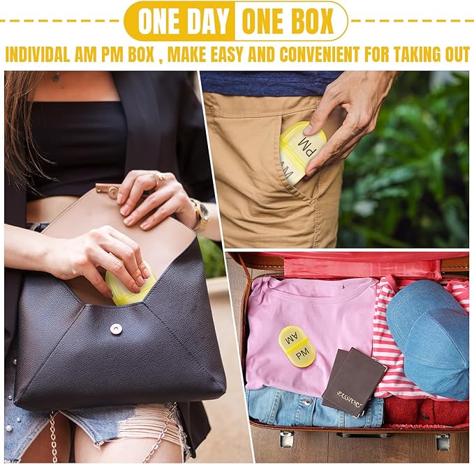 6 Pack Pill Organizer Pocket Small Case Holder Am Pm Pill Case Portable Two Compartment Round Travel 2 Times a Day for Vitamin Medication Supplement(Yellow)
