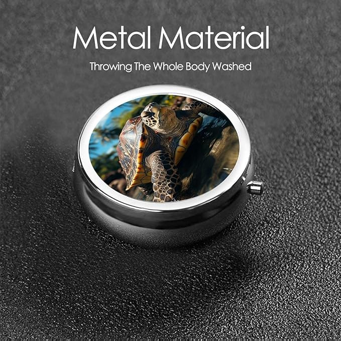 Big Turtle and Palm Trees Print Pill Box Round 3 Compartment Pill Case Portable Travel Pill Organizer Mini Medicine Storage Box for Pocket Purse Metal Decorative Pill Holder for Daily Medicine