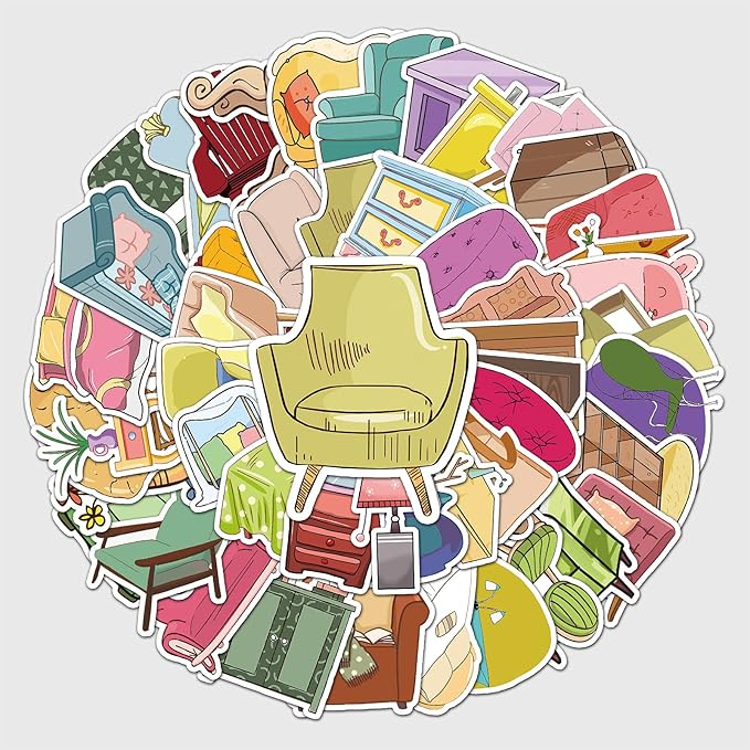 50pcs Furniture Stickers, 1.96-3.15inch Cartoon Home Decorative Stickers, Self-Adhesive for Scrapbooking, Home Decoration, Storage Embellishment
