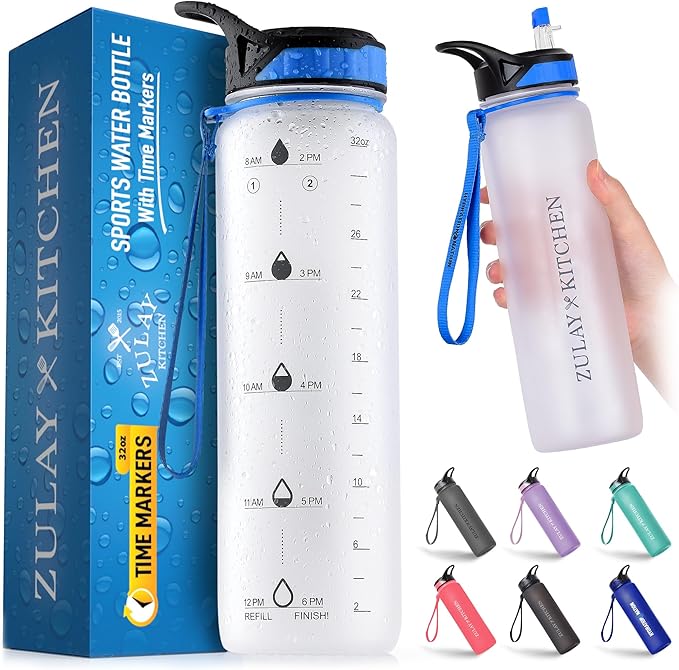 Hydration Nation (32oz Water Bottle With Time Marker - Leak Proof Water Bottles With Times To Drink For Fitness & Sports - 32oz Water Bottle With Straw For Drinking - Water Tracker Bottles (White)