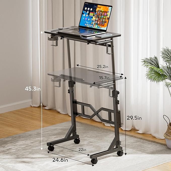 Small Standing Desk with Wheels, 29.5-45.3 Inch Adjustable Height, Portable Treadmill Desk, Rolling Computer Table for Walking Pad with a Cup Holder and a Hook