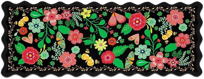 Scalloped Black Kitchen Mats for Floor Cushioned Anti Fatigue Kitchen Mats Rugs Waterproof Non Slip Farmhouse Boho Floral Comfort Foam Standing Mat for Sink Laundry, 17.3x47