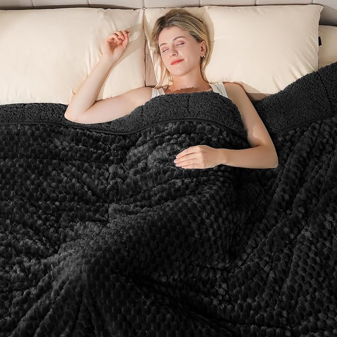 Super Fuzzy Soft Fleece Sherpa Weighted Blanket 20 lbs for Adults, 3D Imitation Turtle Shell Luxury Weighted Throw for Better Sleep, Dual Sided Cozy Heavy Blankets for Couch Bed, Black, 60" x 80"