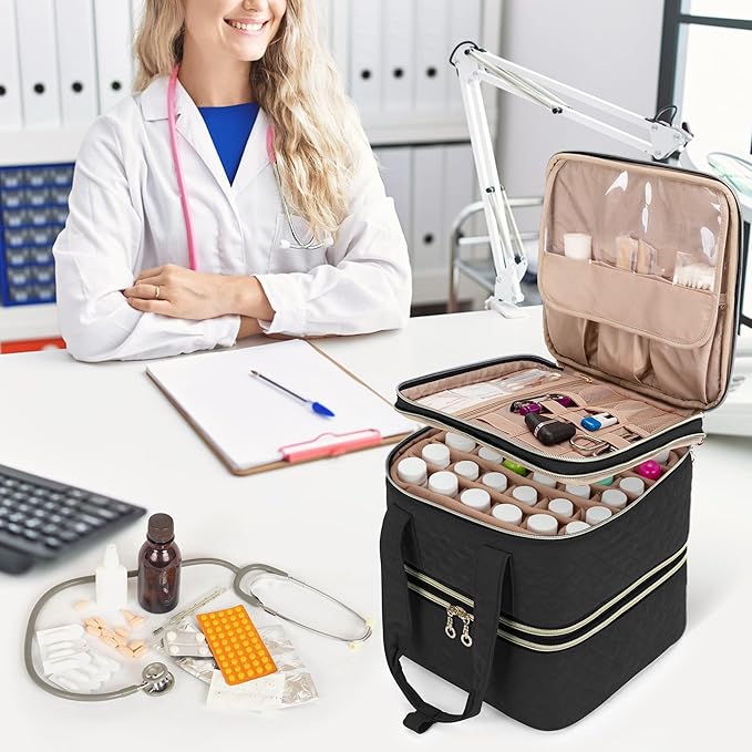 Yarwo Pill Bottle Organizer Storage Bag, 3 Layers Medicine Travel Case Empty with Demountable Design and Dividers for Pills, Potions, Vitamins and Emergency First Aid Supplies, Black (PATENT DESIGN)