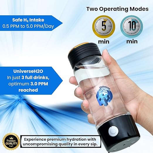 Hydrogen Water Bottle Generator 400ml – Glass SPE PEM Tech, Up to 2800+ PPB Molecular Hydrogen Generator with Nasal Cannula, Rechargeable, Portable, Compatible with Bottles