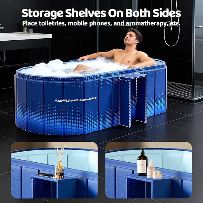 Portable Foldable Bathtub, Freestanding Bathtub No Installation, Bathroom SPA Soaking Bath Tub, Shower Stall Collapsible Hot & Ice Bath Tub (Blue with Storage Rack, ‎47.2"L x 21.6"W x 19.6"H)