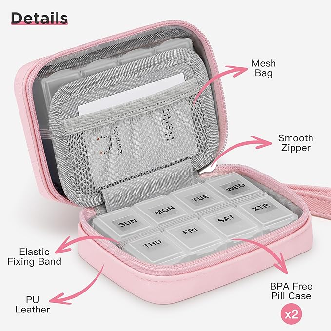 Zannaki Cute Pill Organizer for Purse with Two Removable 7-Day Pill Box, Travel PU Leather Pill Case, Portable Weekly Pill Container with Storage Bag to Hold Vitamins, Fish Oils, Supplements (Pink)