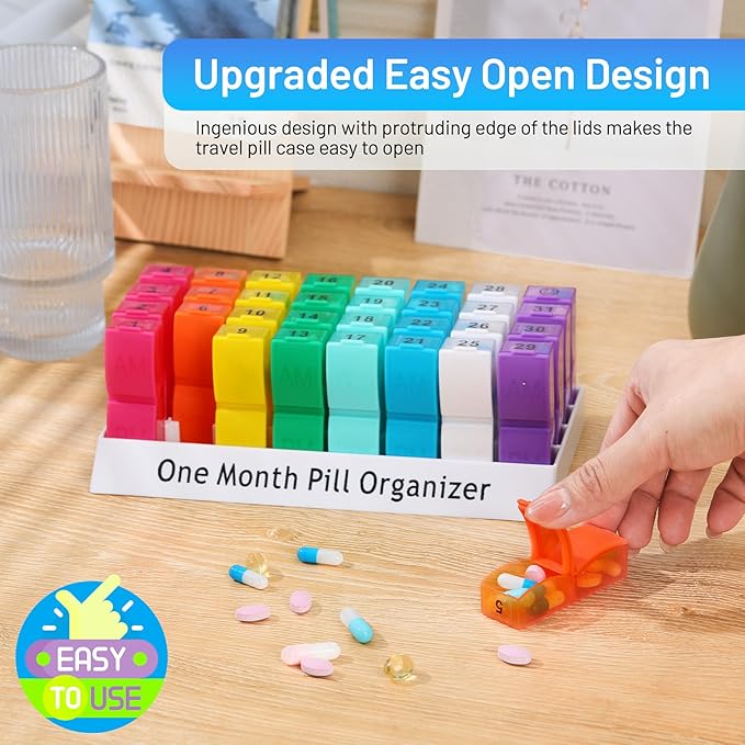 Monthly Pill Organizer 2 Times a Day, 30 Day Pill Box AM PM for Small Pill, 31 Day Vitamin & Medication Organizer with Removable Daily Compartments, DIY Number Labels, Portable Travel Pill Case