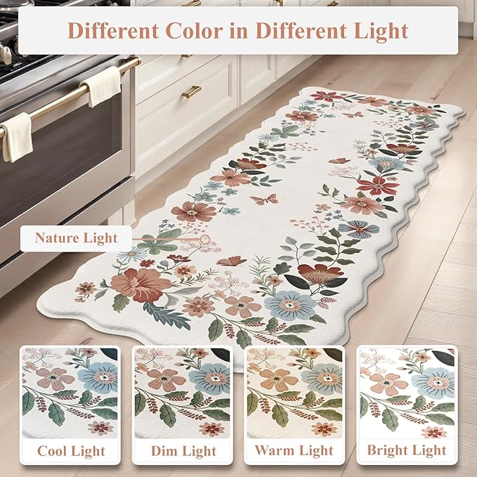 Collive Kitchen Mats Cushioned Anti Fatigue, Scalloped Waterproof Kitchen Floor Mat Beige Sink Rug 2 Piece Non Slip, Comfort Desk Standing Rugs for Bedroom, Office, Laundry