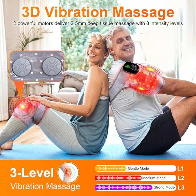Knee Massager with Heat and Red Light Therapy and Vibration, 660nm & 850nm Infrared Red Light Therapy for Pain Relief, 5000mAh Protable Rechargeable Heated Brace for Knee, Joint, Elbow, Shoulder