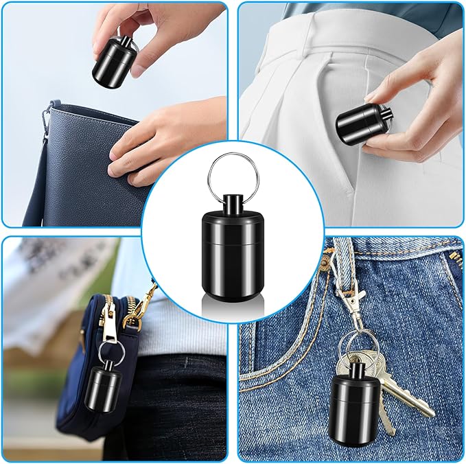 Pill Keychain Holder - Small Pill Box Waterproof Pills Fob Organizer Portable Ring Holder Keychain for Purse (Black)
