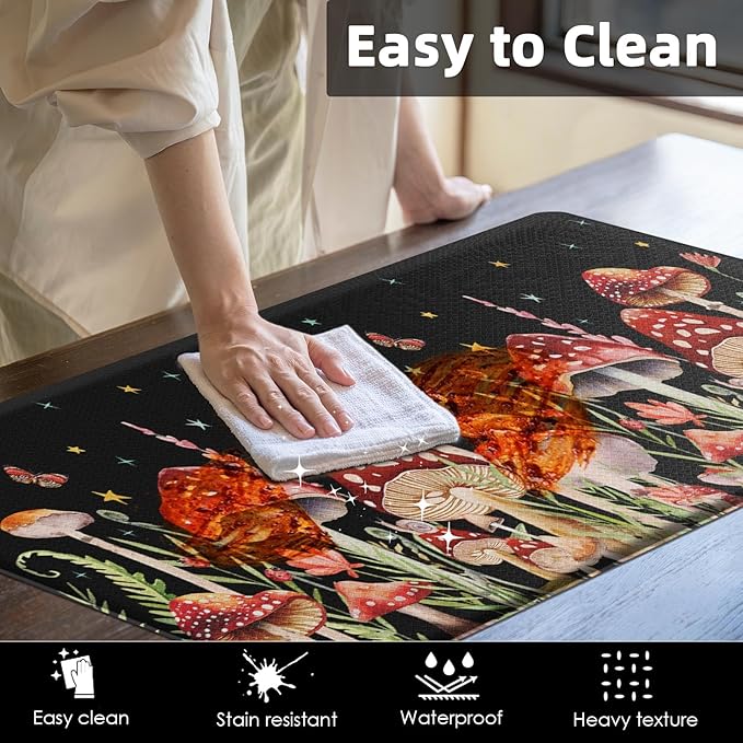 Arttown Black Anti-Fatigue Kitchen Rug Set of 2 Mushroom Floral Red Cushioned Floor Standing Mat Waterproof Non-Slip Mat and PVC Ergonomic Comfort Foam Rug