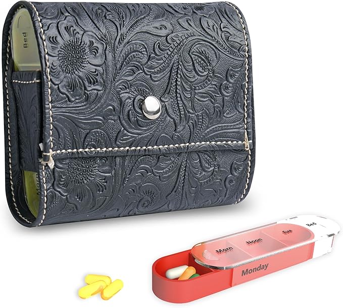 Pill Organizer,Haecsfl Weekly Travel Pill Case Box Medication Reminder Daily AM PM, Day Night 7 Compartments,for 4 Times A Day, 7 Days a Week-Includes Leather PU Carrying Case(1-Carved Black)