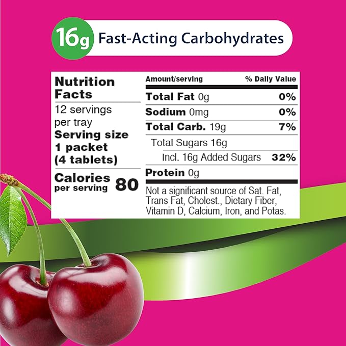 TRUEplus Soft Tabs Glucose Tablets, Chewable, Cherry Pop Flavor, 16g Fast-Acting Carbohydrates, Fat Free, Gluten Free, Raise Low Blood Sugar and Boost Energy, 4 Count, 72 Packs