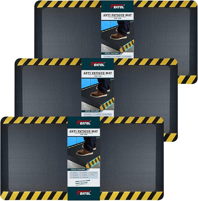 FEATOL Anti Fatigue Mat Industrial, Ergonomic Standing Floor Mat for Work for Stand -Safety Support for Leg & Back Pain(Yellow Border, 20" x 39", 3PC)