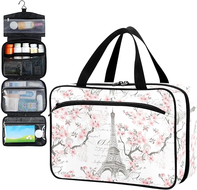 Fustylead Eiffel Tower Floral Pink and White Travel Medicine Storage Bag Large Household Pill Bottle Organizer with Zipper for First Aid, Pills, Vitamins, Medical Supplies