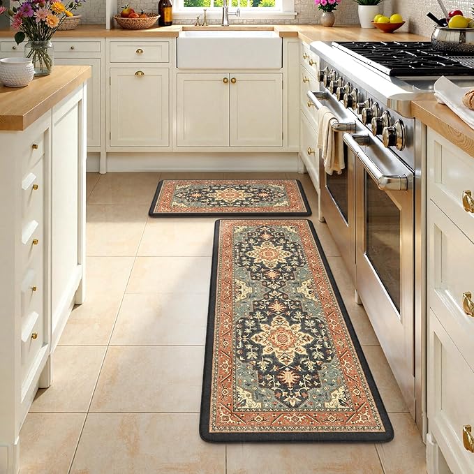 Kitchen Mats for Floor 2PCS Cushioned Anti Fatigue,Farmhouse Vintage Comfort Standing Kitchen Rugs Non Slip,Memory Foam Carpet for Laundry Office Bathroom,Blue