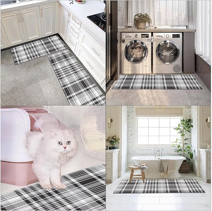 Arttown Black and White Anti-Fatigue Kitchen Rug Set of 2 Plaid Cushioned Floor Standing Mat Waterproof Non-Slip Mat and PVC Ergonomic Comfort Foam Rug