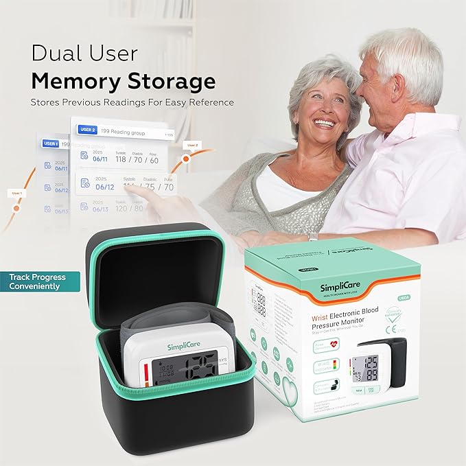 Wrist Blood Pressure Monitor for Home Use – FDA 510(k) Cleared Class II Medical Device, Digital Wrist Cuff 13.5–21.5 cm, 2.1" LCD Display, Dual User, Travel Case (U60A)