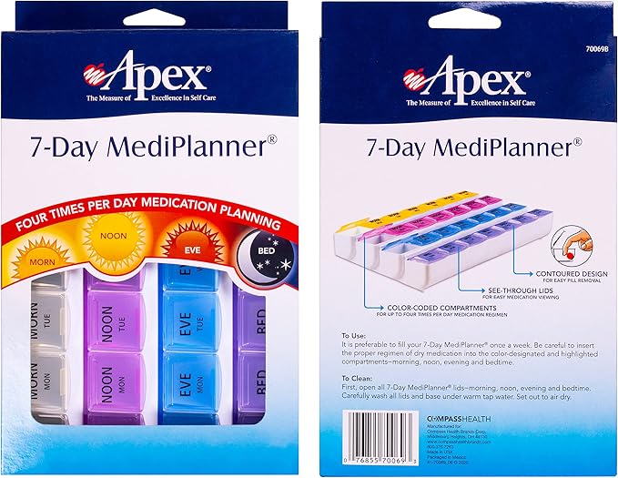 Apex 7-Day Mediplanner Pill Organizer, Weekly Pill Organizer, 4 Times A Day Color-Coded, Easy-Open, See-Through Lids, Organize Medication Or Vitamins by AM, PM, Evening and Bedtime