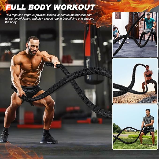 Battle Ropes for Home Gym Exercise - 1.5 Inch Diameter 40FT Length Workout Rope Training Exercise Ropes with Protective Sleeve, Heavy Battle Rope for Workout Exercise Fitness & Strength Training