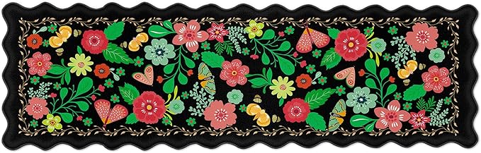Scalloped Black Kitchen Mats for Floor Cushioned Anti Fatigue Kitchen Mats Rugs Waterproof Non Slip Farmhouse Boho Floral Comfort Foam Standing Mat for Sink Laundry, 17.3x59