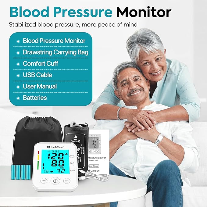 Blood Pressure Monitor for Home Use with Large Upper Arm Cuff, Blood Pressure Machine with 100 Memory Recalls for 2 Users, Large LCD Screen, Charging Cable - 2008