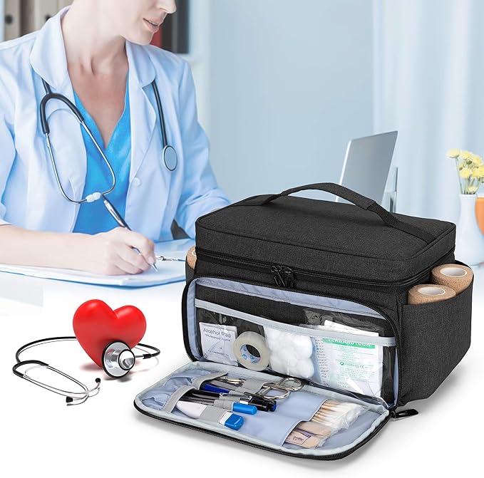 CURMIO Small Medicine Storage Bag Empty, Family First Aid Box, Pill Bottle Organizer for Emergency Medical Supplies, Black (Bag Only, Patent Pending)