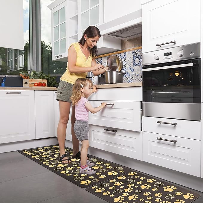 Black and Gold Kitchen Mats Cushioned Anti Fatigue Paws Print Kitchen Mats for Floor 2 Piece Waterproof Comfort Standing Mat for Desk, Sink, Stove, Laundry, 17"x30"+17"x47"