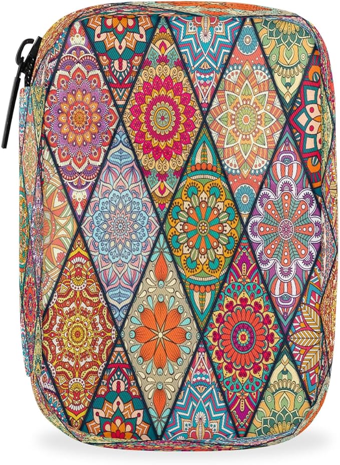 Color Mandala Geometric Bohemian Travel Pill Organizer Box Weekly Portable Pill Case Daily Pills 7 Day Small Birth Control Pills Container Removable Compartments for Medicine Vitamins Fish Oil
