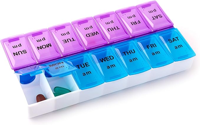 Deke Home - Pill Organizer 2 Times a Day (2 Pack), Weekly AM PM Pill Box, 7 Day Morning and Night Medicine Organizer, BPA-Free Daily Vitamin Container, Easy Open Travel Pill Case, 7.8"x3.6"x1.3"