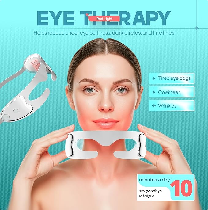 Red Light Therapy Glasses for Eyes – Reduce Dark Circles & Puffiness, 630nm LED Eye Device, 3 Modes, Rechargeable Eye Massager with Auto Timer