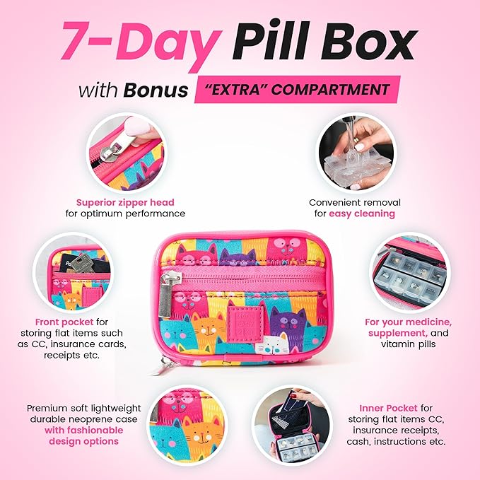 Made Easy Kit Pill Case - Weekly Medicine Organizer with Removable Seven-Day Vitamin & Supplement Box - Premium Neoprene for Travel Purse Accessory (Colorful Cat)