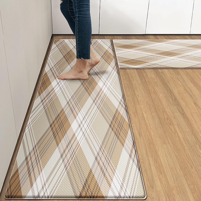 Arttown Beige Anti-Fatigue Kitchen Rug Set of 2 Plaid Cushioned Floor Standing Mat Waterproof Non-Slip Mat and PVC Ergonomic Comfort Foam Rug
