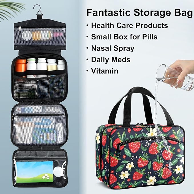 Fustylead Hand Draw Red Strawberry and Beautiful Floral Travel Pill Bottle Organizer Large Home Storage Medication Bag with Zipper for Vitamins, First Aid, Fish Oil, Medical Supplies