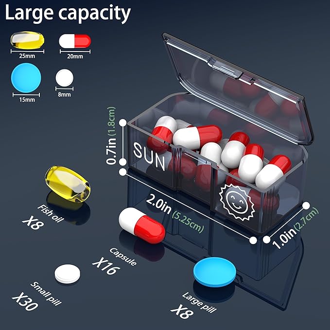 Pill Organizer 2 Times a Day, Am Pm Twice Daily Pill Case, Detachable Large Travel Pill Box 7 Day, Weekly Pill Container for Vitamin Medicine Supplement Fish Oil (Brown)