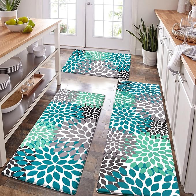 Likiyol Kitchen Mats for Floor [3 PCS] Anti-Fatigue Comfort Kitchen Rugs, Boho Flower Cushioned Waterproof Decor Mat Thick, Standing Floor Mats for Home/Office, 18''x30''+18''x48''+18''x60''(Teal)