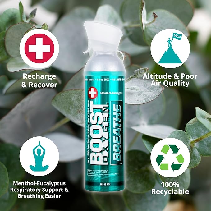 Boost Oxygen Large Breathe Menthol-Eucalyptus Aroma 10L Canister | Respiratory Support for Altitude, Performance & Health (3 Pack)