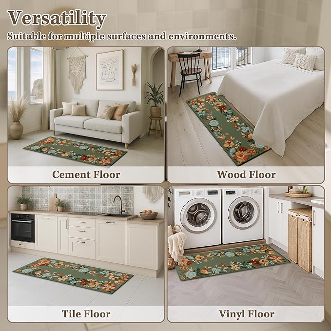 Arttown Kitchen Mats for Floor 2Pcs-Anti Fatigue Non Slip Mats for Kitchen Floor, Cushioned Waterproof & Stain-Resistant Green Plants Floral Mat Set, Laundry Room, Office, Sink, Desk (Dark Green)