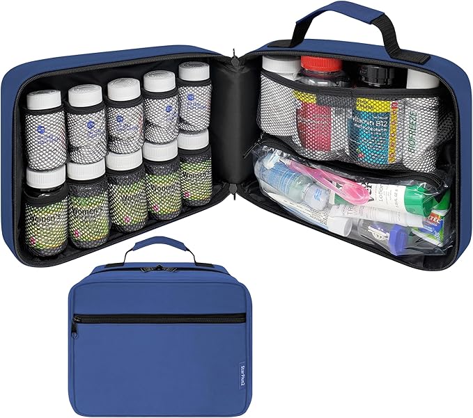 Large Pill Bottle Organizer - 10 Pockets Medicine Bag for Travel & Home Storage - Blue