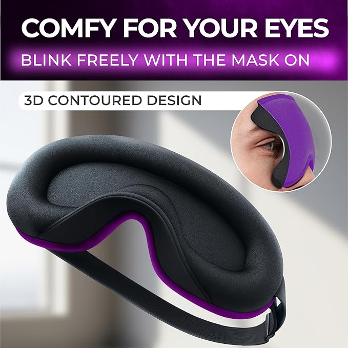 Peace&Quiet | PQ Sleep Mask for Side Sleepers - 3D Contoured Light Blocking Sleeping Mask for Women and Men, Lightweight & Soft Eye Shade Cover for Deep Rest, Premium Quality (Purple)