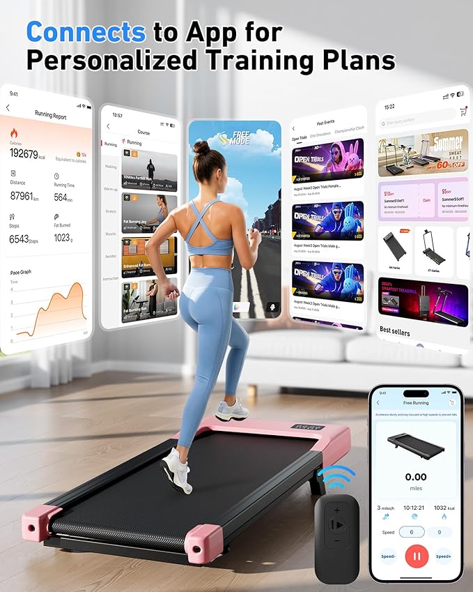 DeerRun Walking Pad Under Desk Treadmill with Incline, Quiet & Space-Saving Design for Home Office, 300 lbs Capacity, 0.6-3.8 MPH, App & Remote Control