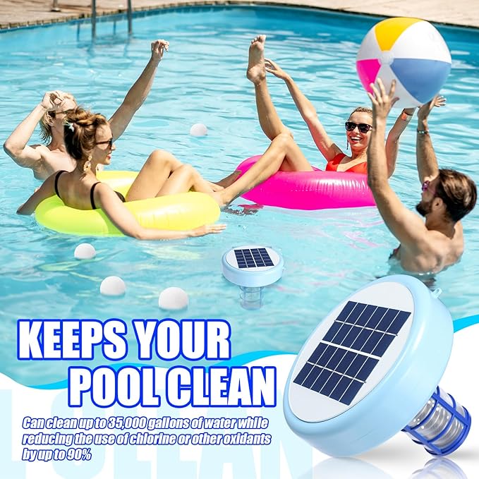 Qualirey Solar Pool Ionizer Automatic Floating Pool Cleaner, Water Ionizer with 4 Pcs Scum Collection Ball, for Above Ground and Inground Pools, up to 35, 000 Gallons (Blue,7.9 Inch)