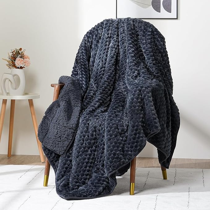 Wemore Fleece Weighted Blanket for Adults (48" x 72" 15lbs, Grey-Blue), Dual Sided Cozy Soft Sherpa Heavy Blanket, 3D Imitation Turtle Shell Warm Jacquard Flannel Weighted Blankets for Couch and Bed