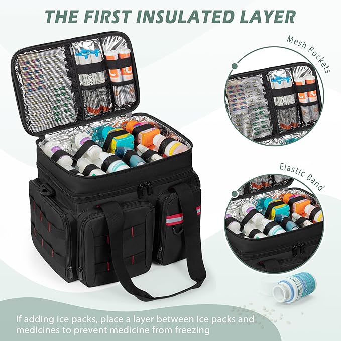 Medicine Organizer Bag with Insulated Pocket for Travel, Pill Bottle Storage Bag with 4 Customized Dividers & Shoulder Strap for Medication, Insulin and First Aid Supplies, Black (Bag ONLY)