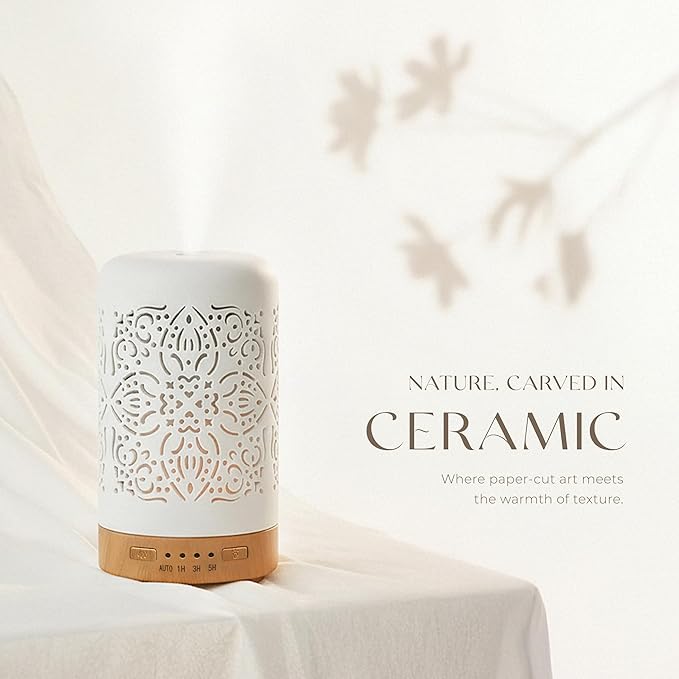 Earnest Living Essential Oil Diffuser White Ceramic Diffuser 250 ml Timers Night Lights and Auto Off Function Home Office Humidifier Aromatherapy Diffusers for Essential Oils