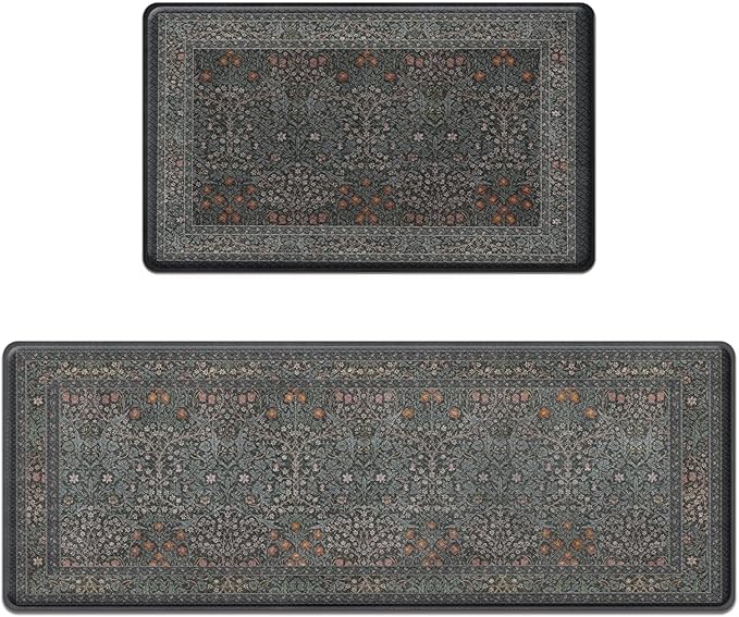 Arttown Kitchen Mats for Floor 2Pcs-Anti Fatigue Non Slip Mats for Kitchen Floor, Cushioned Waterproof & Stain-Resistant Plant Floral Mat Set, Laundry Room, Office, Sink, Desk (Dark Black)