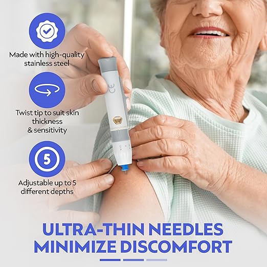 One Step Lancing Device Pen, 5 Depth Settings, Less Pain Design, Blood Sampling Pen, Accurate Blood Sample, Use with Twist Top Lancets, Blood Sugar Level Monitoring Glucose Testing, Lancing Tool